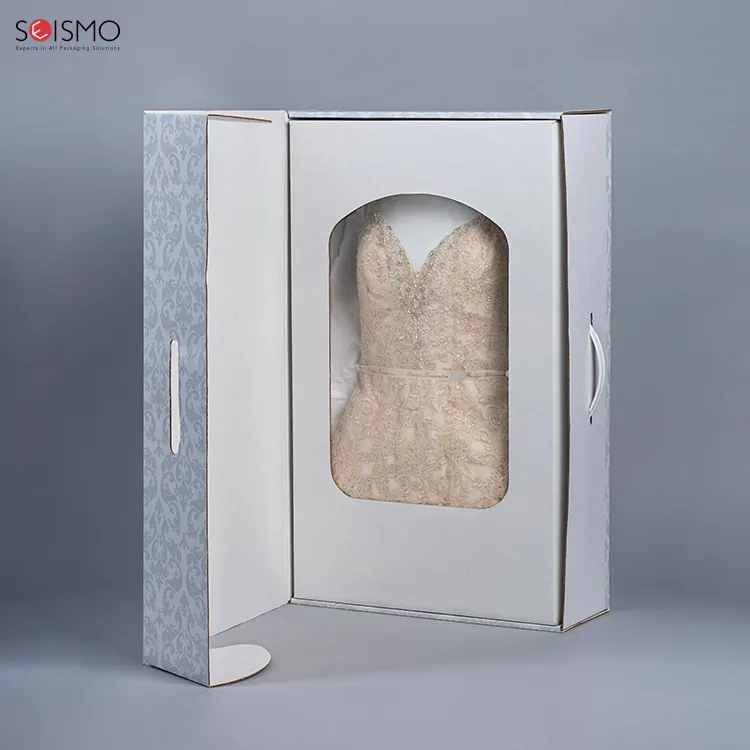 Özel Logo büyük boy koruma lüks paket Cardbox hediye moda ambalaj için kollu kutu temizle kapak gelinlik