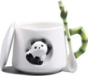 环保产品2023熊猫陶瓷绿色新奇咖啡杯陶瓷茶杯盖和勺子礼物给女性朋友孩子