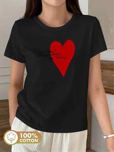 T-Shirt Elegante Casual da Donna con Stampa Cuore Rosso e Testo in Francese, Collo Tondo, Manica Corta, Tessuto Traspirante, Taglie S-XXL, Per Tutte le Stagioni - Product Image 3