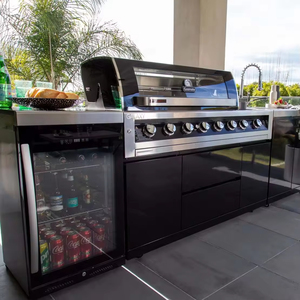 Îlot <span class=keywords><strong>de</strong></span> cuisine extérieur moderne modulaire en acier inoxydable noir personnalisé <span class=keywords><strong>de</strong></span> luxe avec évier, robinet et réfrigérateur - Product Image 1