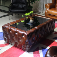 Table basse personnalisée avec bouton rectangulaire et dessus en acier inoxydable en cuir véritable touffeté Table basse ottomane en cuir marron vintage