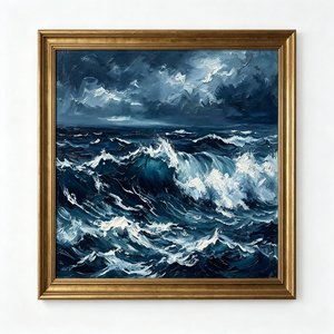 Pintura al Óleo de Olas Impactantes con Textura Intensa Pintada a Mano, Paisaje Marino Azul Marino Majestuoso, <span class=keywords><strong>Arte</strong></span> de Pared en Lienzo para Sala de Estar - Product Image 1