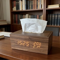 Mechanische Aufladbare Geräuschlose Tischuhr mit Temperatur- und Feuchtigkeitsanzeige, Digitaler Anzeige, Quadratischer Holz-Taschentuchbox und Chinoiserie-Design