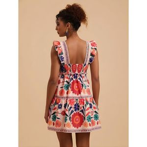 FOXA Women's Floral Print Short <b>Dress</b> <b>Elastic</b> Waist Square Collar A-Line Vacation Casual <b>Dress</b> - Product Image 2