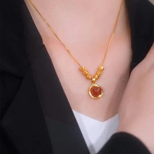 Titanium Steel Red Agate Pendant Necklace For Women Geometric Ball Shape Bezel Setting Gift Jewelry Collarbone Chain - Product Image 2