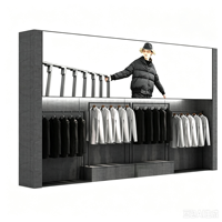 Présentoir mural personnalisé en MDF pour vêtements, style industriel, avec boîte lumineuse pour logo et plateforme étagée
