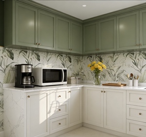 Armoires de cuisine modulaires européennes sur mesure (vert olive et blanc) |   Quincaillerie en laiton et crédence tropicale |   Portes à fermeture douce - Product Image 2