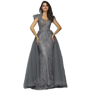 Vestidos de Noche de sirena gris, falda arábiga Serene Hill LA70020, plumas rosas, fiesta Formal, venta al por mayor