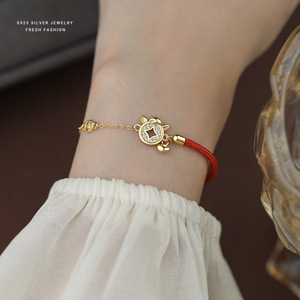Bracelet en argent sterling S925 plaqué or 18 carats avec zircon de style chinois pour femmes, tendance, cordon rouge, vente en gros - Product Image 3