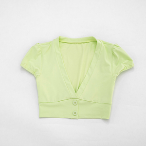 Viviblook C26TP186 T-shirt d'été pour femme, nouveau haut court uni à manches courtes et col bas avec boutons pour femmes - Product Image 5