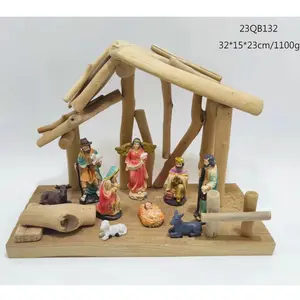 Conjunto de estatuetas de presépio de madeira para artesanato, estátuas cristãs com pano para presentes de Natal