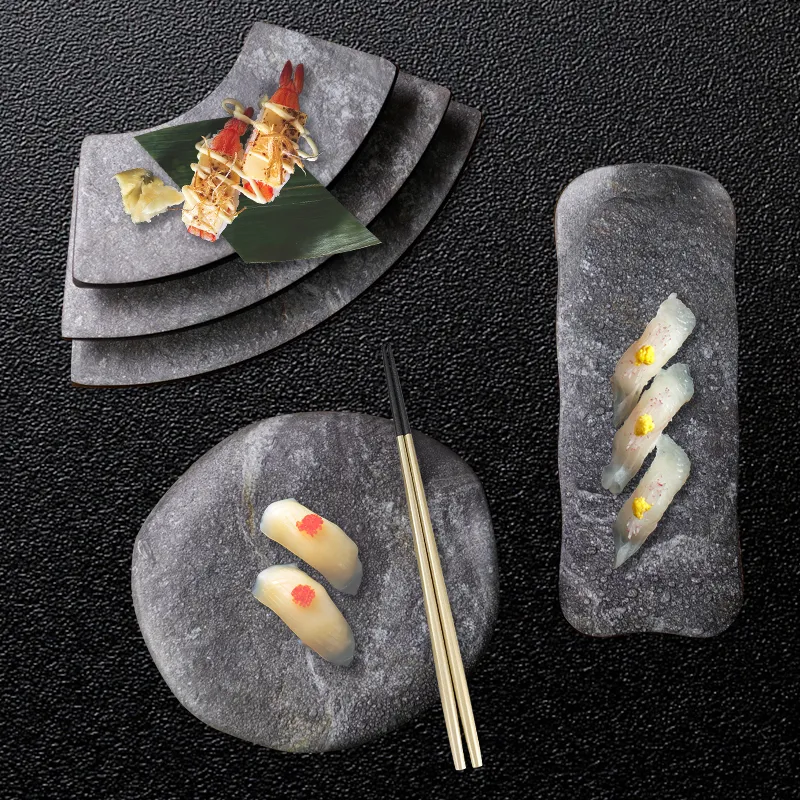 Stone Vintage Miamine Assiette Restaurant Vaisselle Incassable Vaisselle Style Japonais Sushi Assiette Fast Food Plateau Noir 1pcs