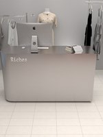 Comptoir de réception minimaliste en MDF argenté brossé pour magasin de vêtements, boutique de prêt-à-porter féminin, petit bureau de réception oblong
