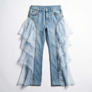 WangSheng - Pantalones vaqueros de mezclilla para mujer, color azul claro, con remaches, volantes de tul, patchwork, pierna recta, estilo Y2K, dulce y moderno - Product Image 1