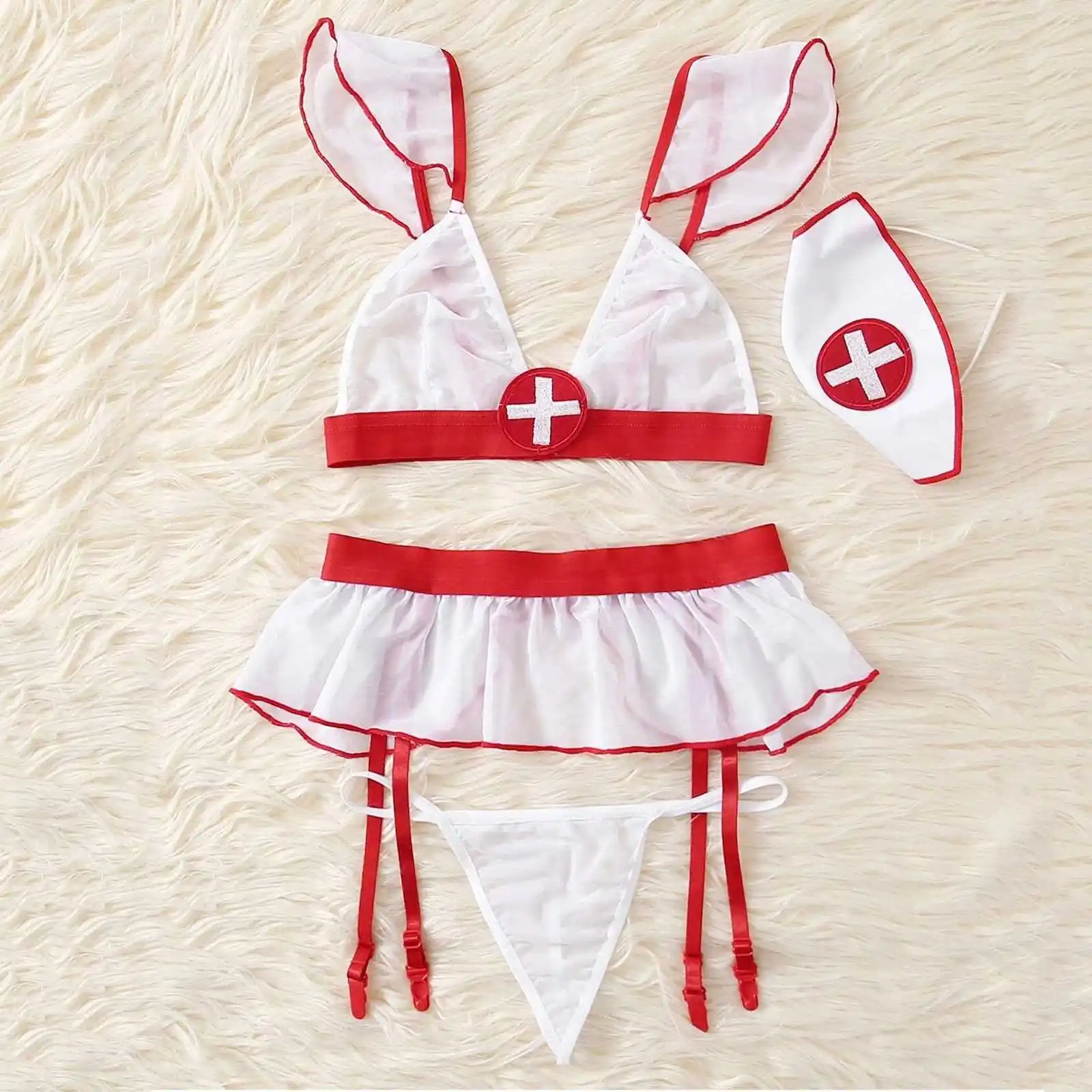 China factory price sexy white and red nurse cosplay costume underwear set erotic sexy short role play lingerie uniform