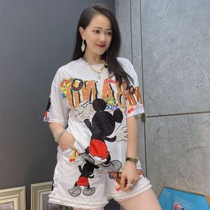 Nuovo Stile Completo <span class=keywords><strong>Due</strong></span> <span class=keywords><strong>Pezzi</strong></span> da <span class=keywords><strong>Donna</strong></span> Taglie Forti con Strass, T-shirt a Maniche Corte e Pantaloncini Casual, Modello B0144 per Esportazione - Product Image 2