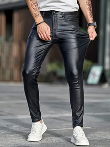 Wholesale High Quality <strong>Men</strong> Business Casual High Waist Straight Leg <strong>Faux</strong> <strong>Leather</strong> Biker Motorcycle Pants PU <strong>Leather</strong> <strong>Trousers</strong> - Product Image 2