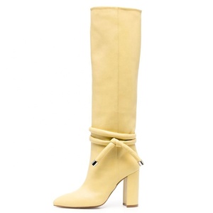 Metal Chain Decor <b>Rope</b> Strap Women Long Booties High Chunky Heel Pointed Toe Shoes on Knee High Knight Boots - Product Image 4