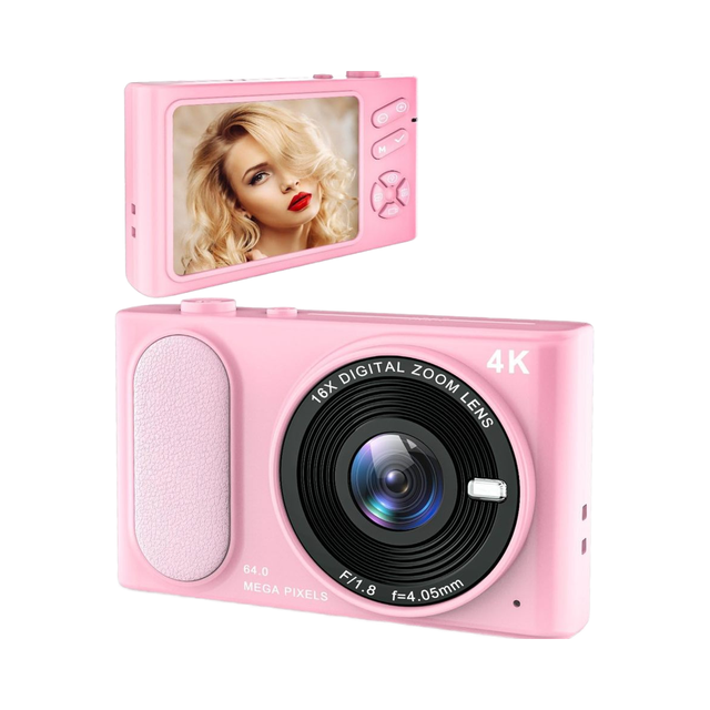 TAOQQI 4K UHD Digital Camera 64 MP Compact Point Shooting 16X Digital Zoom Displacement Image Stabilization Anti-shake Pink