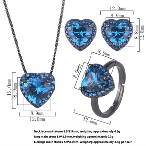 Tarnish-resistant Eco-friendly Copper 9*9MM Blue Zircon Black Gold Plated Heart Necklace and <b>Earring</b> <b>Set</b> for Romantic Occasions - Product Image 3