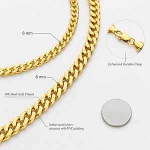Collier gourmette Miami Cuban Link en acier inoxydable plaqué or rose véritable 14 carats, plaqué or, coupe diamant, 3/5/6/8 mm, pour hommes et femmes - Product Image 2