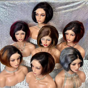 Promotion 26$ Perruques Courtes 5x5 200 grammes Cheveux Humains Naturels Pixie Lisses Bob NC, Gris, Perruques Colorées 4/27 pour Femme Noire - Product Image 1