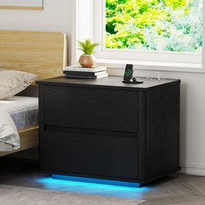 Table <span class=keywords><strong>de</strong></span> chevet avec 2 tiroirs et éclairage LED, armoire <span class=keywords><strong>de</strong></span> chevet moderne avec station <span class=keywords><strong>de</strong></span> charge, armoire <span class=keywords><strong>de</strong></span> chevet aux <span class=keywords><strong>coins</strong></span> arrondis - Product Image 1