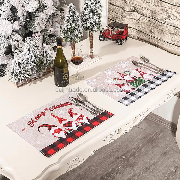 Mantel Individual de lino y Navidad, bordado por sublimación, con diseños de nomos, personalizado, de arpillera y cuadros de búhos