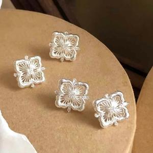 Antique Style S925 Pure <b>Silver</b> Earrings Rose Gold <b>Cloth</b> Style with Hollow Brushed Lace Diamond Studded Niche <b>Silver</b> Wire Design - Product Image 3