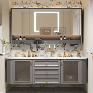 Mueble de Baño Moderno de Lujo Francés Color Crema, Lavabo Simple/Doble, Encimera de Madera, Lavabo de Cerámica, Espejo Inteligente, Gabinete de Pared - Product Image 3