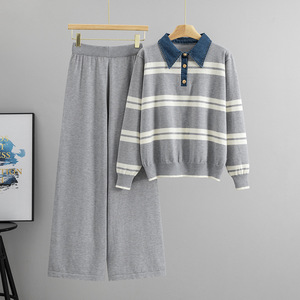 Women's <b>Knit</b> Striped Sweater <b>Set</b> With Denim Collar Full Length Pants Casual Outfit 2026 Autumn Winter - Product Image 4