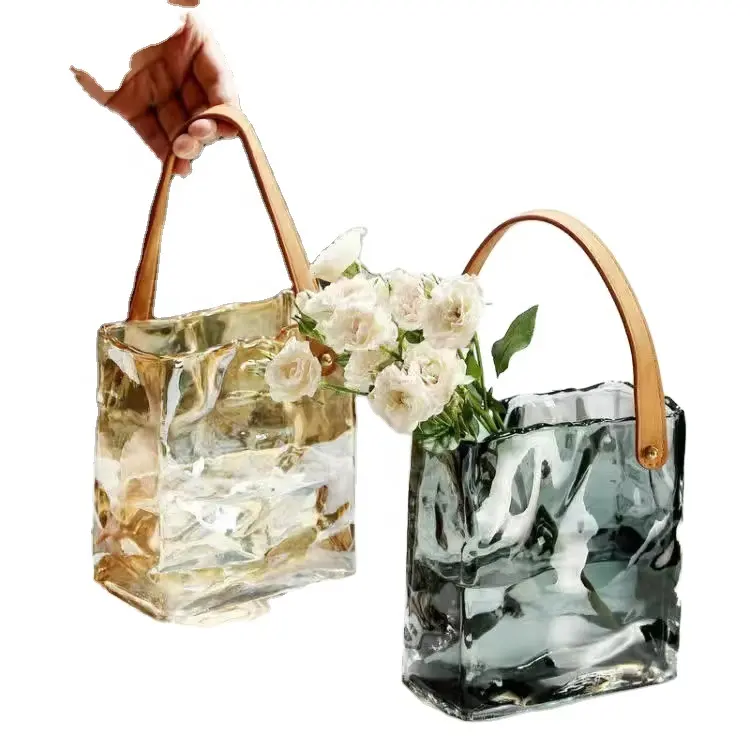 Vaso de vidro quadrado de couro, vaso de vidro retangular com alça e alça