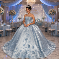 Robe de soirée formelle Jancember 8521 bleu clair, sans bretelles, avec appliques florales 3D, en satin métallisé et tulle