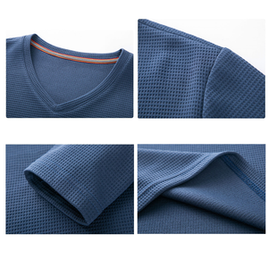T-shirts en waffle pour hommes à manches longues, logo personnalisé, col en <span class=keywords><strong>V</strong></span>, <span class=keywords><strong>v</strong></span>êtements formels, couleur unie, viscose, coupe ample, poids lourd, tricot surdimensionné - Product Image 4