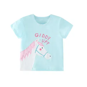 かわいい漫画の印刷青い子供用綿半袖サマーキッズTシャツガールズトップス卸売