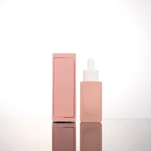 Botol minyak serum bening persegi panjang 1oz kustom botol tetes kosmetik kaca putih merah muda warna 30ml dengan paket kotak