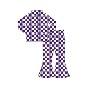 Customize Kids Girls <b>Checkered</b> School Team Game Day Sets Long Sleeve Zipper <b>Top</b> Flared Pants Sports 2pcs Outfits - Product Image 2