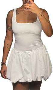 Kadın kabarık kabarcık Hem düştü bel kare yaka katı Casual <span class=keywords><strong>Mini</strong></span> elbise kolsuz seksi yaz dışarı gidiyor Clubwear ön Logo - Product Image 2