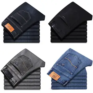 Calça jeans masculina casual estilo clássico, calça jeans com ajuste regular, calça jeans preta e azul para homens