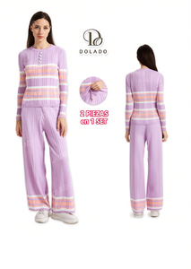 Dolado Set Loungewear da Donna in Maglia a Righe, Maniche Lunghe, Girocollo, Morbido, Casual, Completo da Notte Lungo, 2 Pezzi, Primavera - Product Image 1