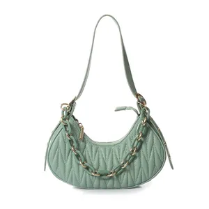 PU Leather Embroidery Thread Ladies Shoulder Handbags Chain handbag For Women Messenger Bag Green