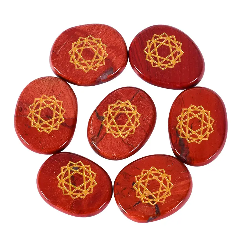 Crystals 7 Chakra Gemstone Set 7 Symbol Engraved Natural Red Jasper Reiki Healing Gemstones For Yoga Meditation Balancing