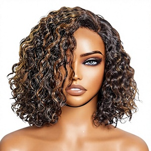 Parrucche Ricci Senza Colla da 10 Pollici, Capelli Umani Pre-Pizzicati e Pre-Tagliati, Senza Colla, HD Lace, Bob Ricci Corto Nero <span class=keywords><strong>con</strong></span> Riflessi Biondi - Product Image 1