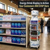Support de présentation de boissons en métal en forme de bouteille personnalisé pour boissons énergisantes, sodas minéraux, eaux gazeuses, étagère mobile au sol avec roues OEM