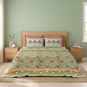<b>King</b> <b>Size</b> Screen Print Cotton Bedsheet Set White Floral <b>Bedding</b> with 2 Pillow Covers Handmade Jaipur Linen - Product Image 3