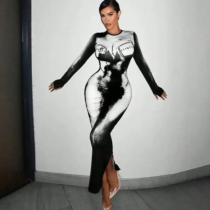 X11619C 3D प्रिंट महिला मैक्सी ड्रेस 2024 फैशन साइड स्प्लिट लंबी आस्तीन बॉडीकॉन इवनिंग पार्टी प्रोम स्ट्रीटवियर एलिगेंट स्लिम