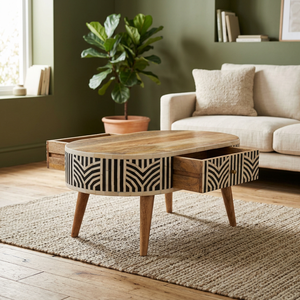 Mesa de centro moderna de madera de mediados de siglo con patrón geométrico y cajones de almacenamiento para decoración de sala de estar, mesa de centro, decoración del hogar - Product Image 1