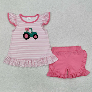 GSSO2850 Blue Flowers Sleeveless Green Checkered Shorts Girls Set - Product Image 5