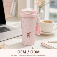 Mignon Gobelet Isotherme en Acier Inoxydable 304 de 500 ml avec Paille, Sangle de Transport et Couvercle Ouvert, pour Femme, Bureau, Maintien au Chaud, à Emporter