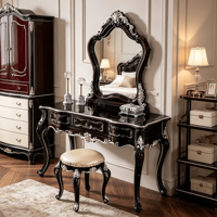 Ensemble coiffeuse baroque européen en bois massif, table de toilette sculptée de luxe avec miroir et tabouret, mobilier de chambre OEM ODM en gros